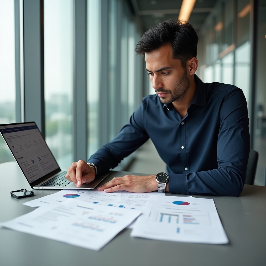 Professional reviewing financial education materials at a clean modern workspace
