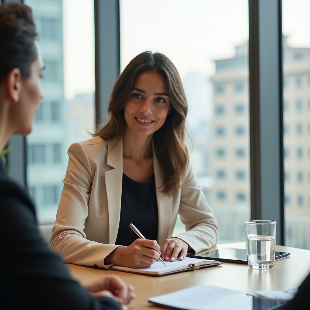 Independent consultant taking notes during a client meeting in a bright office