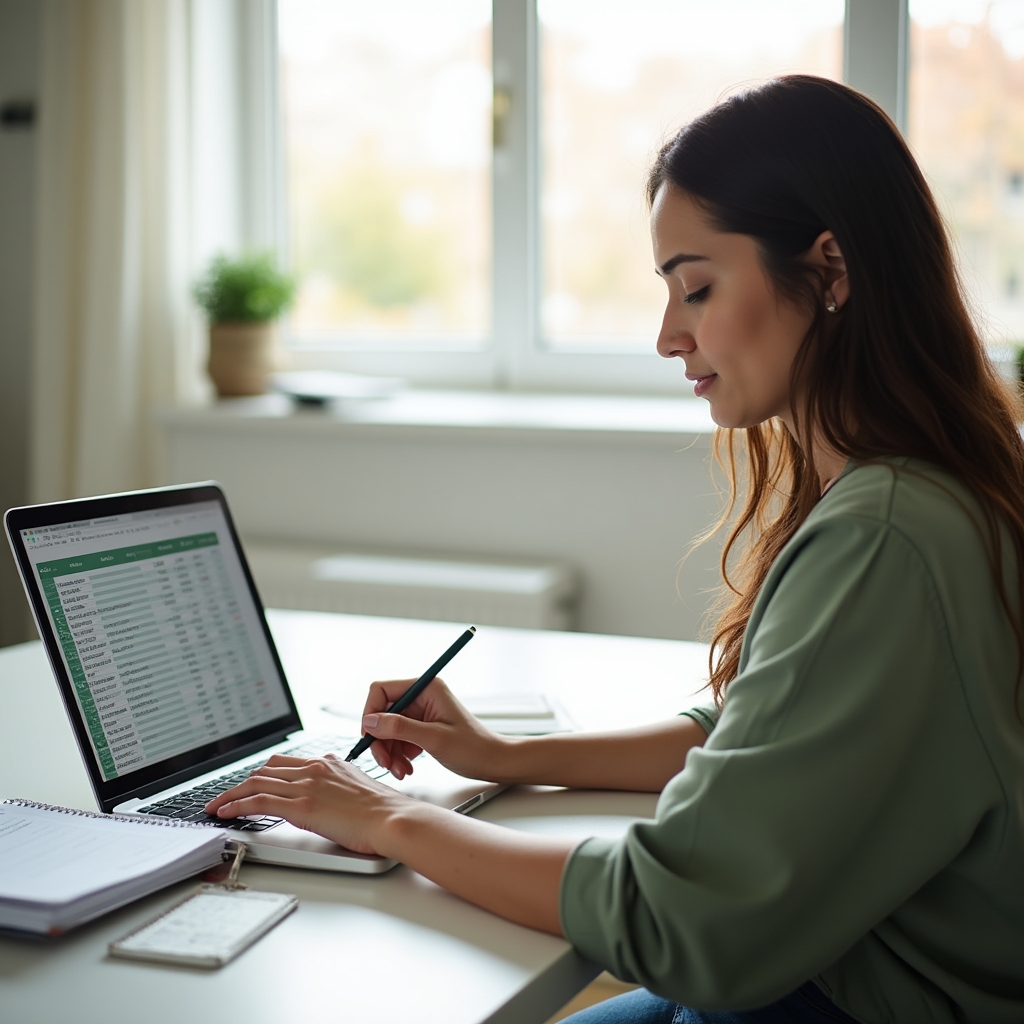Profesionista independiente usando una hoja de cálculo para planear el flujo de caja mensual en una laptop
