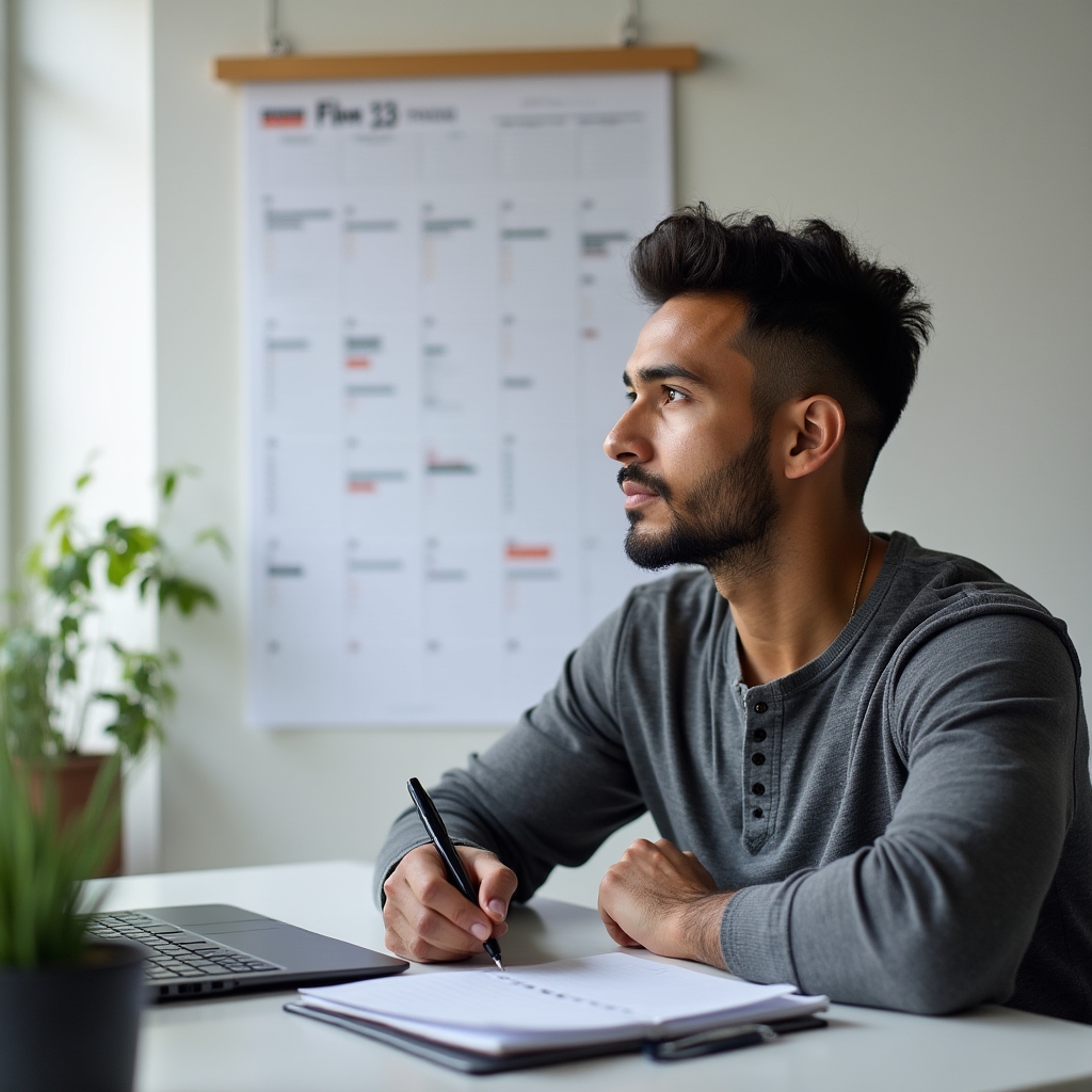 Freelancer mirando pensativamente un calendario de planeación financiera con foco en meses futuros