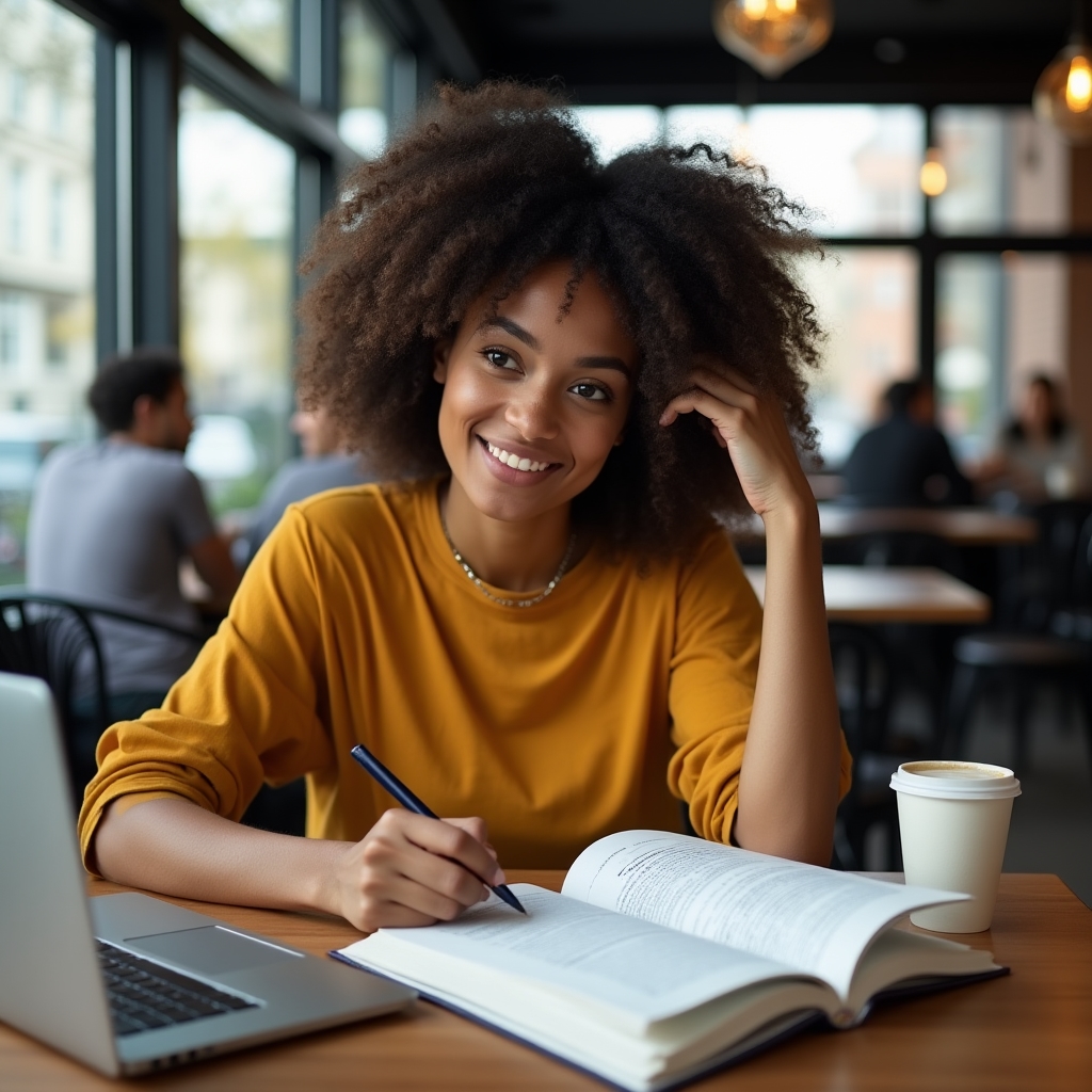 Joven profesionista estudiando conceptos financieros con libros y cuaderno en una cafetería moderna