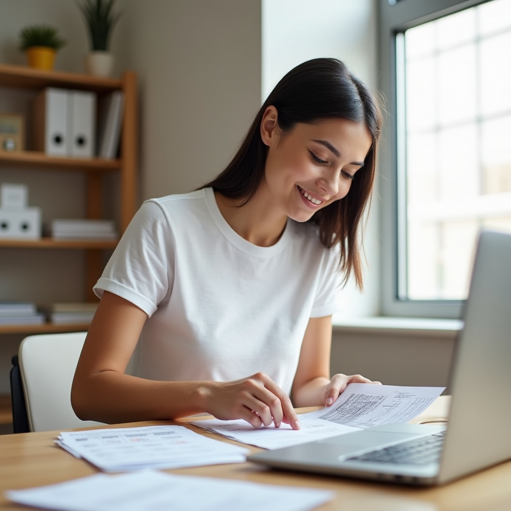 Freelancer organizando facturas y registros financieros en un entorno de oficina en casa ordenado