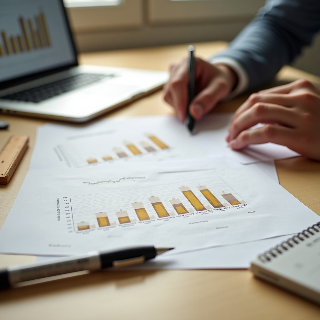 Freelancer revisando gráficas de ingresos y documentos de planeación financiera en un escritorio