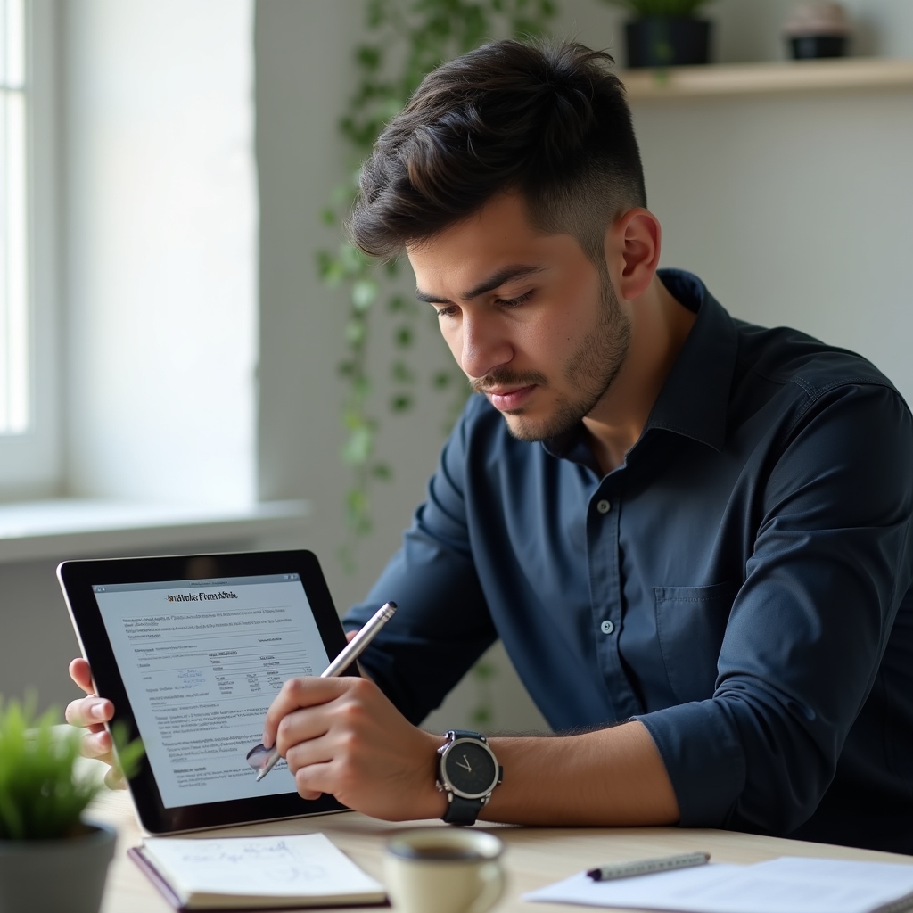 Profesionista revisando documentos fiscales mexicanos e información sobre el régimen RESICO en una tableta