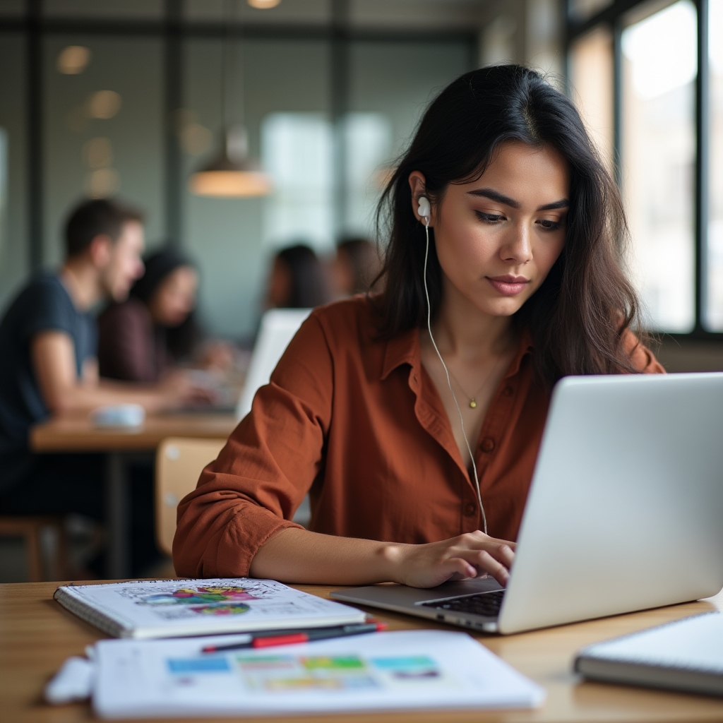 Young freelance designer working on laptop with design projects