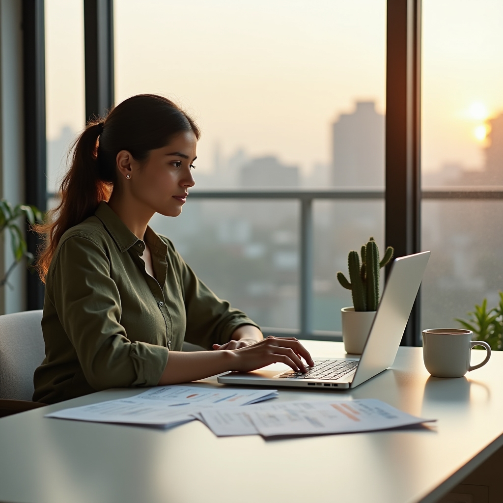 Freelancer working at a modern desk with financial documents