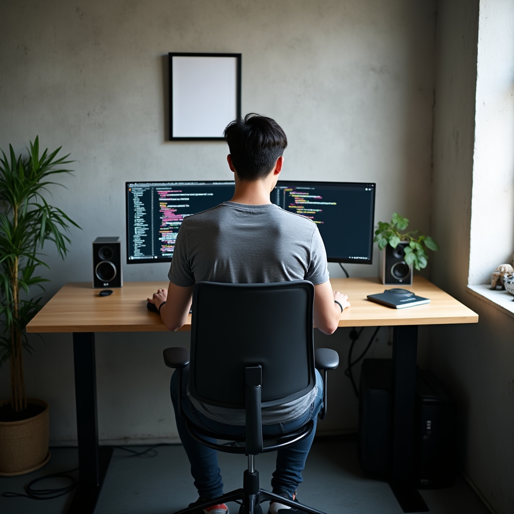 Software developer working independently on code in a modern home office setup