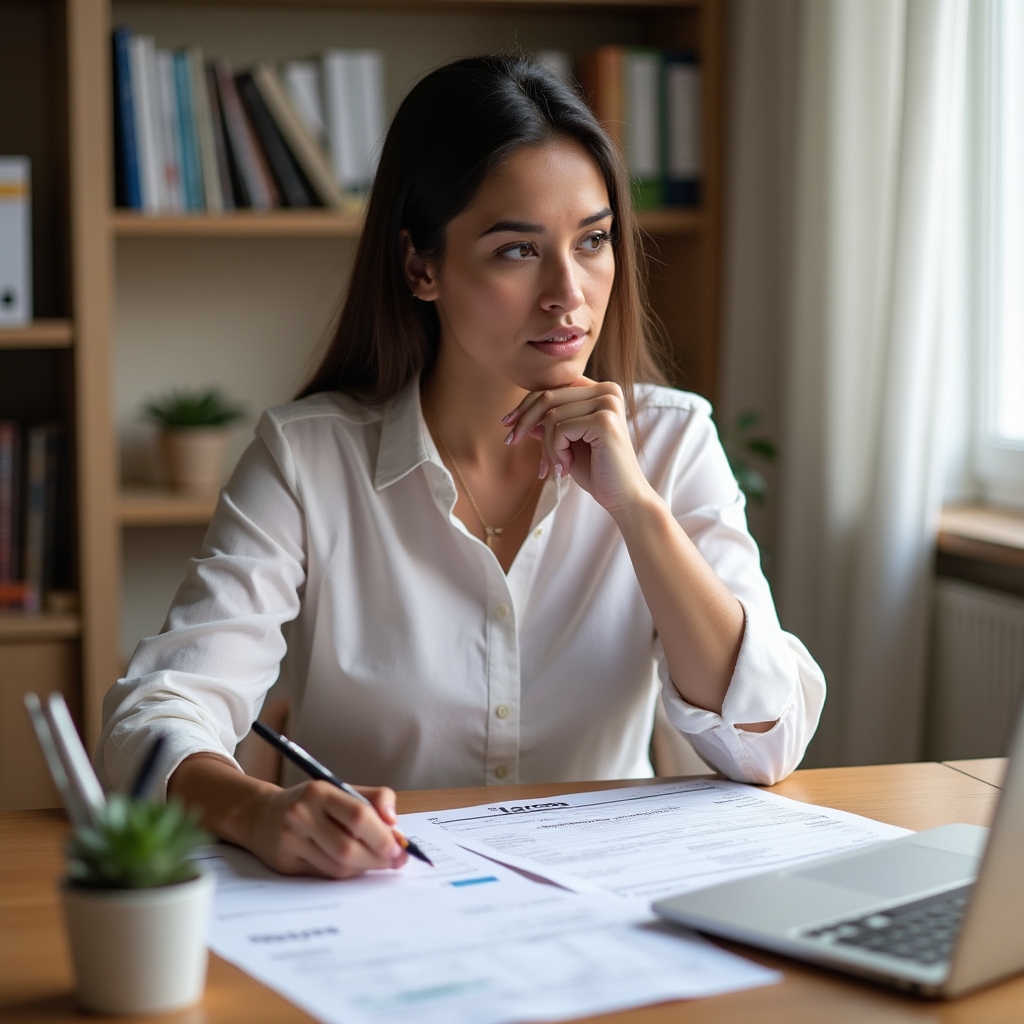 Profesionista independiente revisando documentos financieros en un escritorio con luz natural