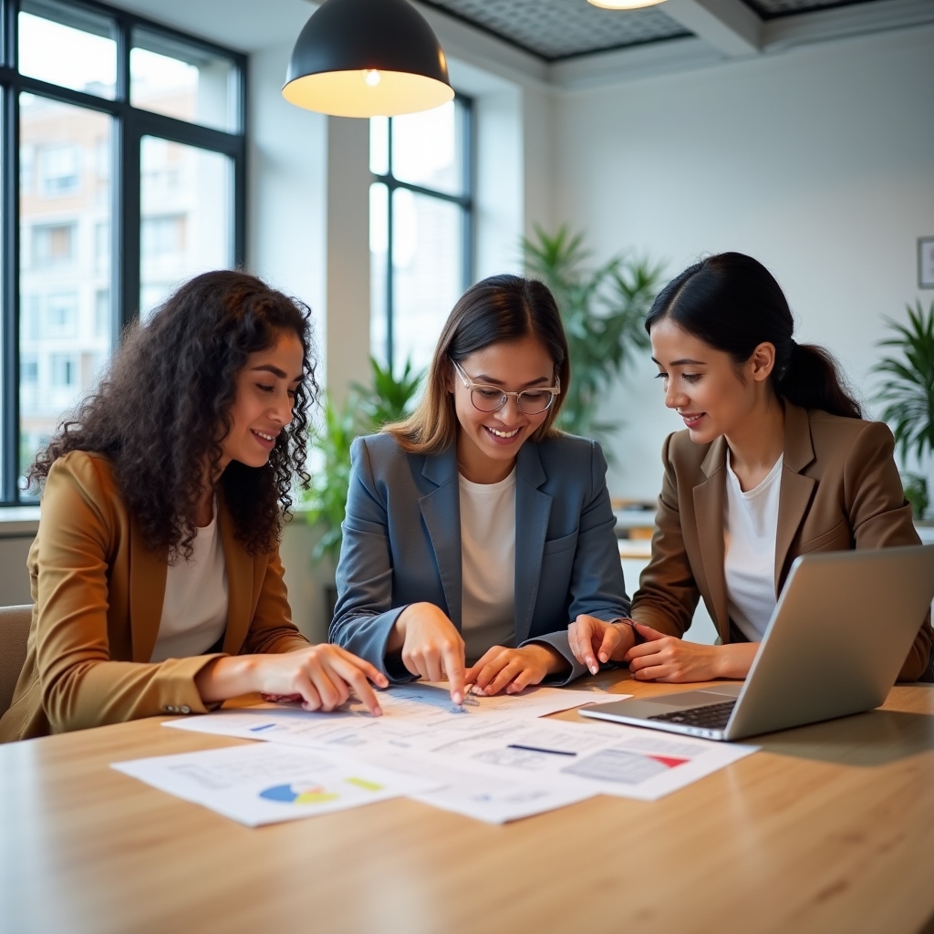 Pequeño equipo colaborando en contenido educativo en una oficina moderna y luminosa